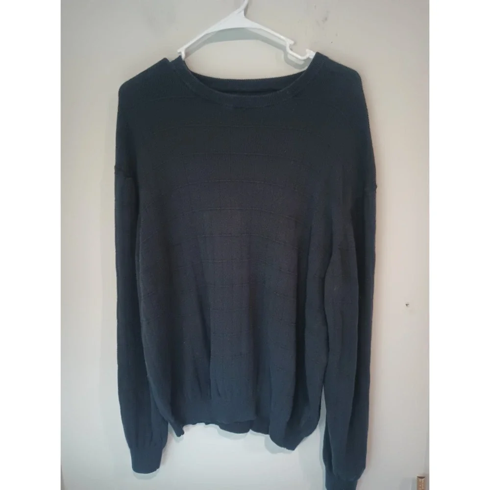 Mens Dark Blue Crewneck Sweater Cotton Modal Grid Knit Textured Pullover